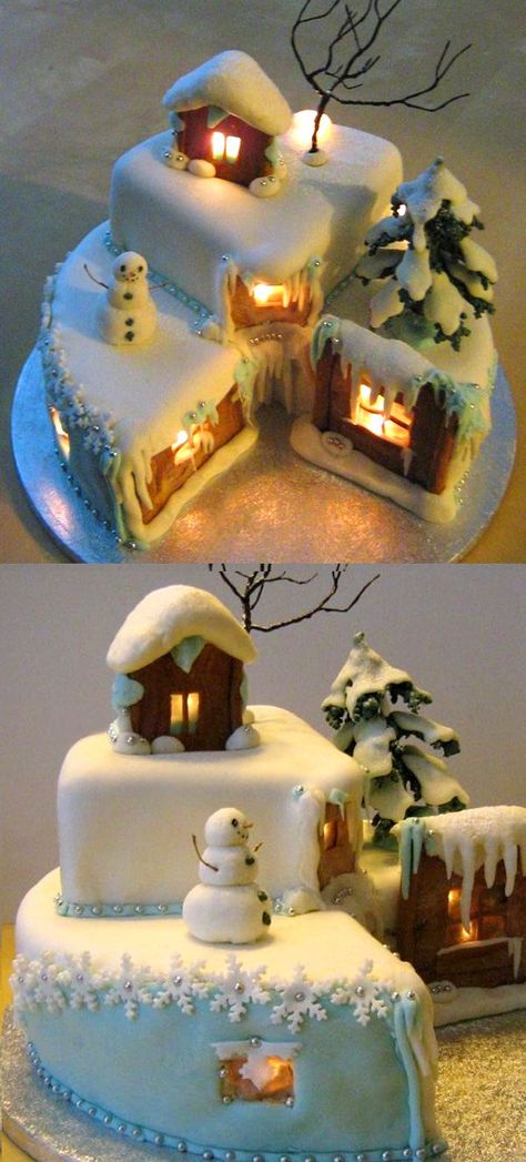 Christmas Eve cake--neatest cake I've ever seen Winter Torte, Torte Creative, Štědrý Den, Cakes Decorated, Christmas Cake Designs, Torte Cupcake, Christmas Cake Decorations, Xmas Cake, Crazy Cakes