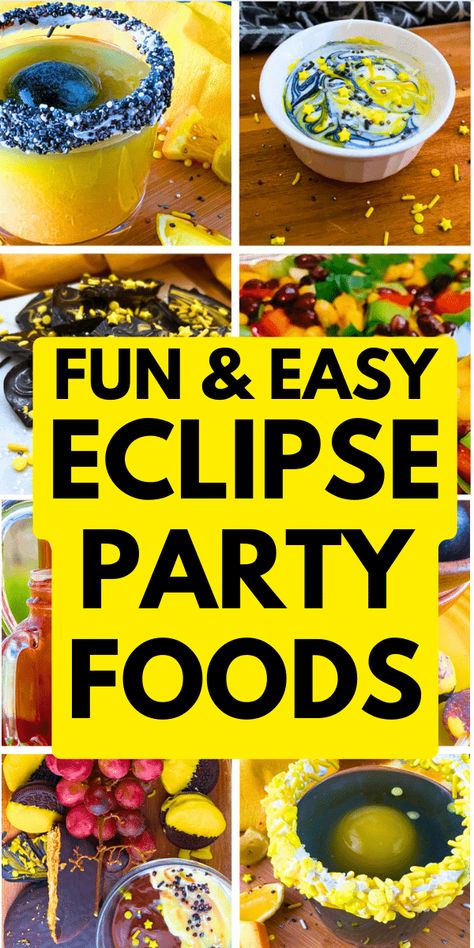 Easy Eclipse Party Menu Ideas - fun solar eclipse party recipes (or lunar eclipse party foods!) - from solar eclipse drinks for kids and adults, to eclipse dessert ideas to solar eclipse salad and solar eclipse sun tea! Fun finger foods and sweet treats for eclipse viewing parties, space theme party or galaxy birthday party for kids! #solareclipse #eclipsemenu #eclipsefood #spacetheme #galaxytheme #eclipsedesserts #eclipsedrinks Solar Eclipse Appetizers, Eclipse Dessert, Eclipse Party Food, Solar Eclipse Party Food, Eclipse Party Ideas, Space Themed Food Ideas, Party Snack Board, Eclipse Themed Food, Fun Finger Foods