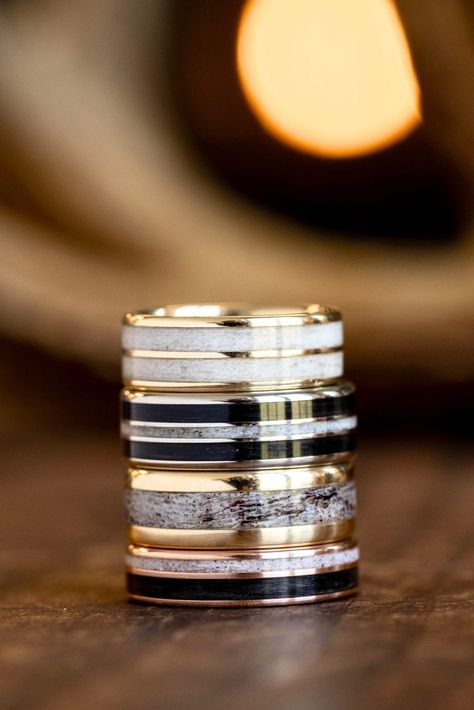 stack-of-four-rustic-antler-gold-wedding-rings-rustic-and-main Elk Antler Wedding Band, Antler Rings, Antler Wedding Rings, Antler Wedding Band, Mens Rings Wedding Diamond, Rustic Wedding Bands, Antler Wedding, Elk Antler, Wedding Diamond