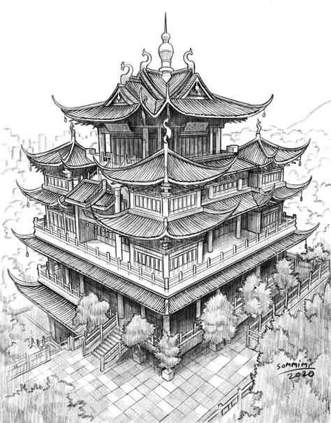 Japanese House Drawing, Japanese Architecture Drawings, Chinese Castle, Castle Inspiration, Fantasy Settings, Historical Anime, Dbz Drawings, Castle Drawing, Anime House