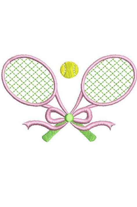 "This is a DIGITAL instant download only of Preppy Chic Crossed Tennis Racquets Motif/Monogram Frame with an Optional Bow and Tennis Ball machine embroidery design. Fun idea for clothing, baseball hats, cocktail napkins, totes, duffel bags and more!  Design widths*: 2\" 2 1/2\" 3\" 4\" 5\" *Sizes are approximate Tips:  Always do a test stitch out.  Please use a washable stabilizer topper for the bows on the two minis. I prefer to use basting stitches especially on tatami fill designs along with some sort adhesive spray or sticky tear away.  Jersey style fabrics benefit from floating on cutaway stabilizers (including no show stabilizers for thinner fabrics). Re-sizing is not advised due to potential distortion.  Please utilize compatible embroidery software and embroidery machines.   Machin Tennis Embroidery Designs, Embroidery Graphic Design, Embroideries Designs, Tennis Embroidery, Embroidery Branding, Tennis Ball Machine, Photo Embroidery, Machine Embroidery Designs Projects, Bow Embroidery