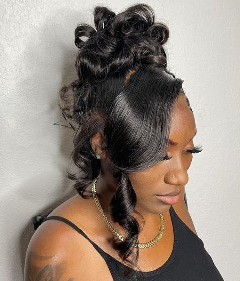 Curly Bun Updo Black, Curl Updo Black Women, Pin Curl Bun With Bangs Black Women, Pinned Up Curls Updo Black Hair, Curled Updo Hairstyles Black Women, Updo With Curls Black Women, Messy Updo Black Women Natural Hair, Curled Bun Hairstyles Prom, Updo Bun Hairstyles Black Women