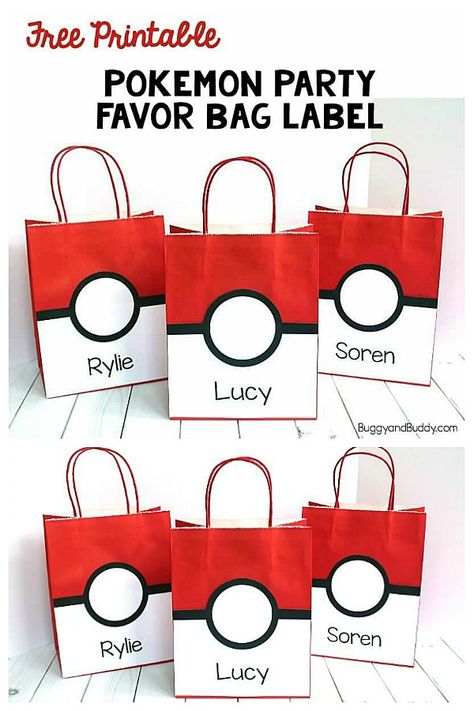 Pokemon Party Favor Bag: Make a simple pokeball treat bag for your Pokemon themed birthday party using our free editable printable that can be personalized with a child's name. You'll also find Pokemon party favor gift ideas! ~ BuggyandBuddy.com #buggyandbuddy #pokemon #pokemonbirthday #birthdayparty #birthdaypartyideas #giftbag #giftbags #pokeball Pokemon Gift Bags Diy, Party Favors Pokemon, Pokemon Favor Bags, Pokemon Diy Birthday Party, Birthday Pokemon Ideas, Pikachu Birthday Party Ideas Diy, Pikachu Bday Party Ideas, Diy Pokemon Cupcakes, Pikachu Party Favors