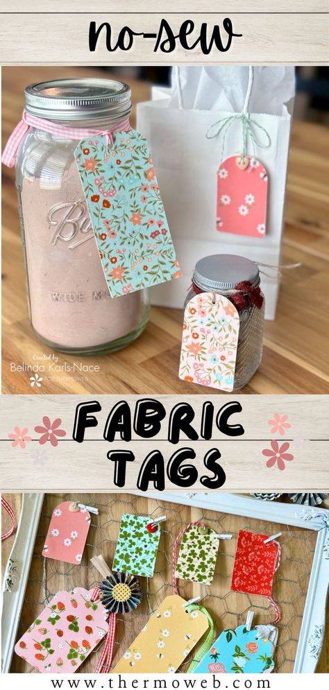 Learn how to make no-sew fabric tags! Belinda, from Blue Ribbon Designs, is sharing her tutorial for no-sew fabric tags over on the blog. These fabric tags are perfect for gift bags, jars, packages, quilts, and handmade gifts. Get all of the details on the blog! Fabric Gift Tags, Making Gift Tags, Deco Foil, Tags Diy, Gift Tags Diy, Cute Fabric, Iron On Fabric, Pretty Packaging, Ribbon Design