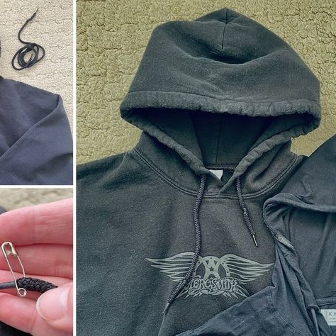 Solutions By Tatiana on Instagram: "Hoodie cords constantly falling out? Weave them back in with a closed safety pin, then find the midway point and tack the cord into the hoodie itself. 

#solutions #hoodies #hoodiecords #repair #solutionsbytatiana" Hoodie With Safety Pins, Grunge Hoodie With Drawstring For Fall, How To Rust Safety Pins, Butterfly Bleach Hoodie, Gold Safety Pin Jewelry With Adjustable Chain, Safety Pin, Weaving, Instagram