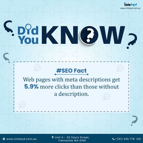 Did You Know? . #SEO Fact Web pages with meta descriptions get 5.9% more clicks than those without a description. . Meta descriptions may seem small, but they make a big impact on your website's visibility! . For More Details: Call us at (+61) 451 743 730 Did You Know Template Design, Did You Know Digital Marketing Facts, Did You Know Facts About Digital Marketing, Did You Know Ads, Did You Know Post, Pubmats Ideas, Posting Content, Digital Advertising Design, Menu Design Template