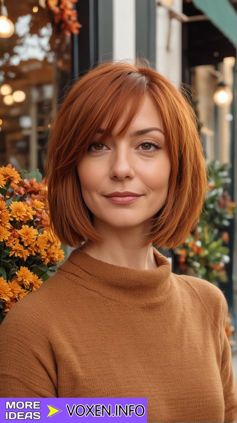 22 Fall Hairstyles 2024: Trendy Looks for Chestnut Lobs, Maple Layers, and Spiced Plum Bobs - voxen.info Redhead Long Bob, Chin Length Auburn Hair, Short Copper Red Hair, Ginger Bob Hair, Red Hair Lob, Copper Bob Hair, Fall Bob, Short Copper Hair, Deep Auburn Hair