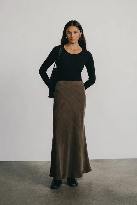 Harper Maxi Skirt, Japanese Cupro, Walnut | OZMA Ankle Length Skirts, Suede Maxi Skirt, Wool Maxi Skirt Outfit, Jersey Maxi Skirt Outfit, Fall Fits Skirt, Work Outfit Skirt, Maxi Skirt Winter Outfit, Brown Maxi Skirt Outfit, Maxi Skirt Outfit Winter