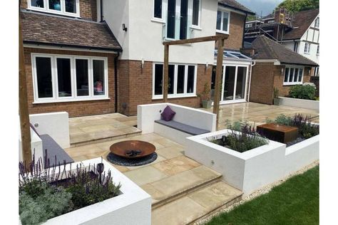 Our Light Buff Sandstone Step Treads and matching paving brighten up this space perfectly from S&C Ayres Construction. Sandstone Steps, Extension Patio, London Stone, Step Stones, Composite Cladding, Step Treads, Sandstone Paving, Stone Steps, Garden Steps