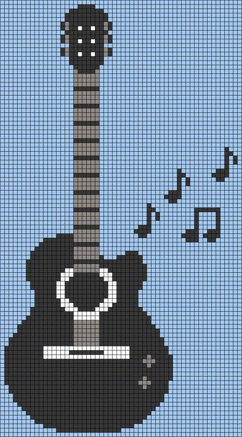 Guitar Alpha Pattern, Cross Stitch Guitar, Crochet Guitar Pattern Free, Pixel Art Pattern For Crochet, Music Alpha Pattern, Guitar Pixel Art, Guitar Cross Stitch Pattern, Music Pixel Art, Music Crochet