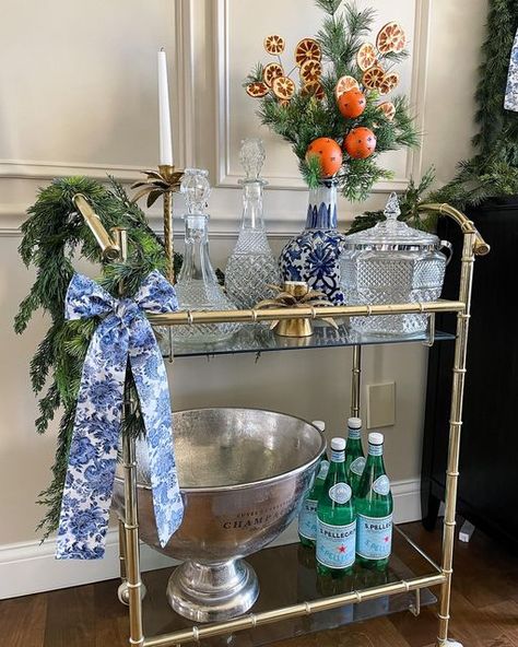 Chinoiserie Bar Cart, Coastal Bar Cart Styling, Grand Millennial Bar Cart, Christmas Bar Decor Ideas, Grand Millennial Party, Holiday Bar Carts, Decorated Bar Cart, Styling A Bar Cart, Bar Cart Christmas Decor