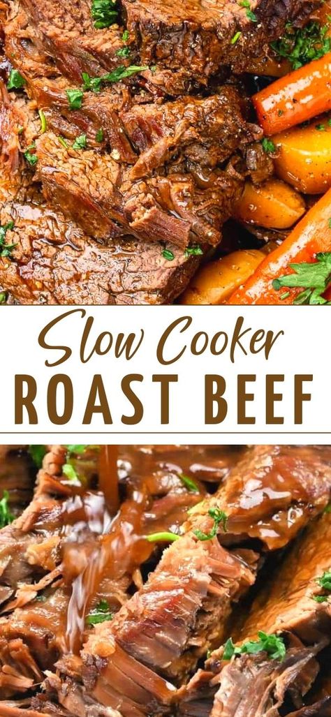 This Slow Cooker Roast Beef will be become your favourite Sunday Roast – incredibly tender slow cooked beef in a rich gravy. 10/10 for flavour and almost zero effort! Roast Beef Crock Pot Recipes, Slow Cooker Pot Roast Recipes, Slow Cooker Roast Beef, Beef Round, Slow Cooker Recipes Beef, Slow Cooker Roast, Pot Roast Slow Cooker, Roast Beef Recipes, Slow Cooked Beef