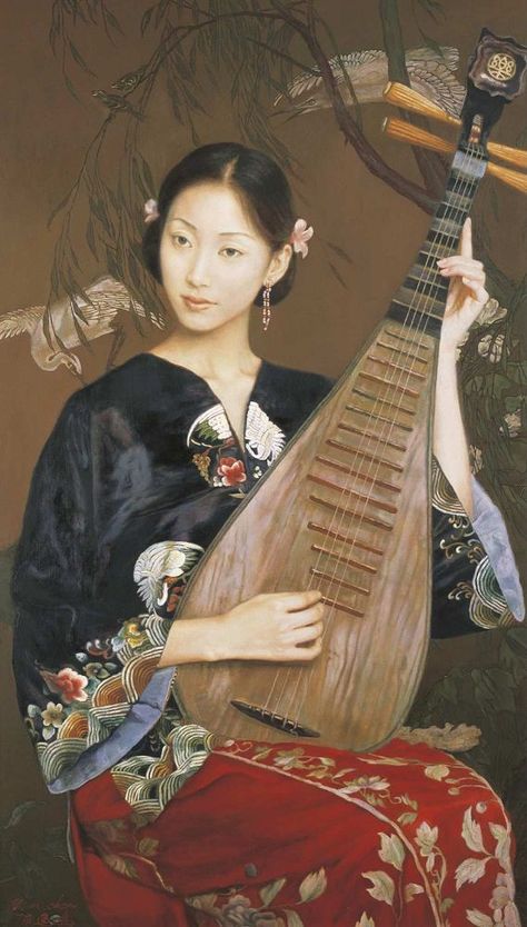 Chen Yifei (陳逸飛, 1946-2005) is a central figure in the development of Chinese oil painting and is one of China's most renowned contemporary artists. Also a famous Chinese classic-style painter, art director and film director. Geisha Art, China Art, Japanese Painting, Handmade Artwork, Chinese Painting, Chinese Culture, Musical Instrument, Chinese Art, Art Music