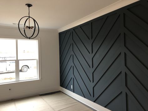 Chevron Wall painted Needlepoint Navy; Snowbound painted walls; Progress Swing in Antique Bronze lighting Accent Wall In Loft, Herringbone Wood Wall Living Room, Bathroom Accent Wall Ideas Wood, Chevron Walls, Navy Paneling, Chevron Panelling, Wood Chevron Wall, Loft Accent Wall, Chevron Tv Wall