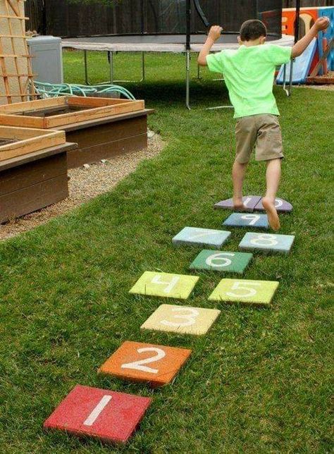 Backyard Hopscotch, Hopscotch Ideas, Lawn Activities, Diy Outdoor Toys, Backyard Play Spaces, Backyard Kids, Outdoor Play Spaces, Outdoor Education, Playground Ideas