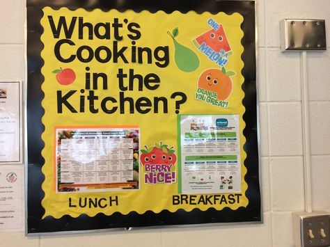 Cafeteria Bulletin Board to post menus. Kitchen Bulletin Boards, School Cafeteria Decorations, Cafeteria Bulletin Boards, Nutrition Bulletin Boards, Cafeteria Decor, School Lunchroom, Food Bulletin Boards, Elementary Bulletin Boards, School Kitchen