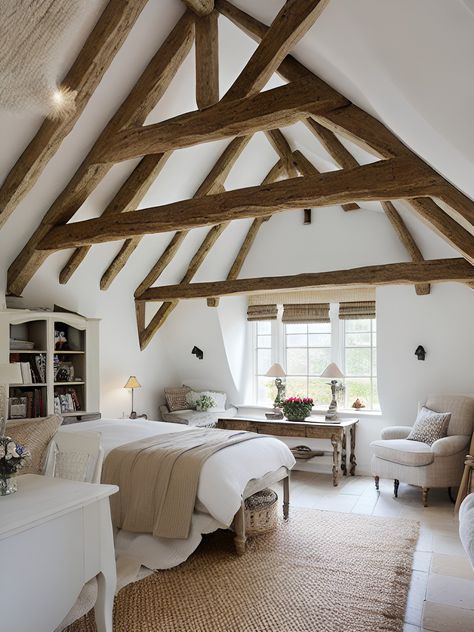 Low Ceiling Cottage, Pitched Roof Bedroom, Beam Bedroom, Farmhouse Cottage Interiors, Rustic Cottage Bedroom, Vaulted Ceiling Bedroom, Barn Conversion Interiors, Cottage Core House, Barn House Interior