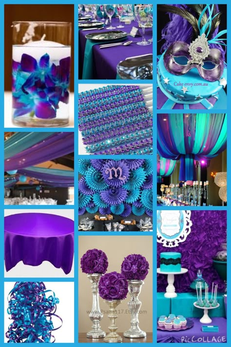 My inspiration collage for Lashunda Plum And Turquoise Wedding Ideas, Purple And Turquoise Birthday Party, Teal And Purple Quinceanera Ideas, Peacock Quinceanera Theme, Turquoise And Purple Wedding Decorations, Turquoise And Purple Wedding Theme, Peacock Color Wedding Theme, Teal And Purple Wedding Ideas, Galaxy Orchid Wedding