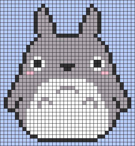 Totoro Crochet Grid, Totoro Graph, Pixel Art Pattern Ghibli, Crochet Tapestry Totoro, Totoro Perler Beads Pattern, Totoro Alpha Pattern Front And Back, Alpha Patterns Crochet Studio Ghibli, Totoro Grid Pattern, Free Pixel Art Templates