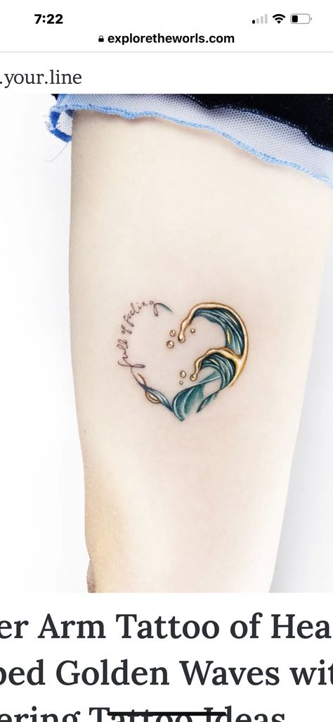 Water Memorial Tattoo, Ocean Wrist Tattoo, Small Water Tattoo Ideas, Heart Wave Tattoo, Complementary Tattoos, Body Expressions, Sister Tats, Anniversary Tattoo