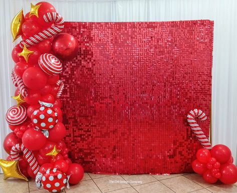 Red Sequin Shimmer Wall with All Red Balloon and Foil Candy Balloon Accents and Gold Stars Balloon Accents, Candy Balloons, Holiday Balloons, Shimmer Wall, Red Balloon, Red Sequin, Balloon Garland, Gold Stars, Candy Cane