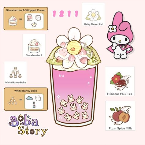 Boba story ~ My Melody drink Boba Story Magic Den Recipes, Boba Story Lid Recipes, Boba Story Recipes New Update 2024, Boba Story Lids Code, Boba Story Drink Ideas, Boba Story Game Recipes, Boba Story Recipes, Boba Ideas, Boba Store