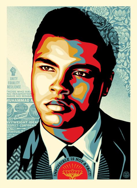 MUHAMMAD ALI – HEAVYWEIGHT IDEALS  / Shepard Fairey via obeygiant.com Obey Giant, Shepard Fairey Obey, Obey Art, Mohammed Ali, Shepard Fairey, Muhammad Ali, Silk Screen Printing, Graffiti Art, Sign Art