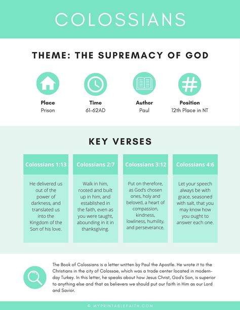The Book of Colossians is a letter written by Paul the Apostle. In this letter, he speaks about how Jesus Christ, God’s Son, is superior to anything else and that as believers we should put our faith in Him as our Lord and Savior. Colossians | Books of the Bible | Overview of Bible | Bible Study | Study Your Bible | Read Your Bible | Bible Reading | Bible Books | The Book of Colossians | Christian Printables | Printable Chart | Bible Chart Jesus In Every Book Of The Bible, Colossians Bible Study, Bible Blueprints, What Each Book Of The Bible Is About, Paul In The Bible, Books Of The Bible Printable Free, Free Bible Study Printables, Paul Bible, Book Of Colossians