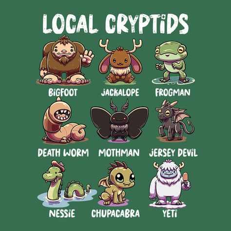 **Introducing our Local Cryptids Shirt This captivating tee is perfect for fans of the mysterious and anyone who loves quirky and imaginative designs. The unique illustration features a collection of famous cryptids, including Bigfoot, Mothman, Nessie, and Chupacabra, celebrating the legends of these elusive creatures in a fun and stylish way. **Celebrate your love for cryptids** with this creative and eye-catching design. Whether you're a cryptid enthusiast, a fan of mythical creatures, or simp Uk Cryptids, Irish Cryptids, Cute Cryptids, Mothman Illustration, Cryptid Illustration, Kawaii Quilt, Cryptid Party, Famous Cryptids, Cryptid Tattoo