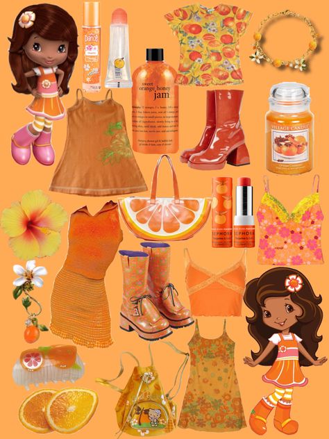 Strawberry Shortcake Halloween Costumes Group, Strawberry Shortcake Orange Blossom Costume Ideas, Orange Themed Outfit, Orange Blossom Inspired Outfit, Orange Blossom Costume Ideas, Strawberry Shortcake Character Inspired Outfits, Strawberry Shortcake And Orange Blossom Halloween, Orange Blossom Cosplay, Orange Blossom Strawberry Shortcake Costume