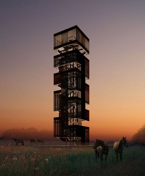 The Kurgi Observation Tower competition sought out designs for an observation tower for Kurgi farm, one of the last remaining Latvian Ardennes breeding programs. The winning entry came from Daniel Norell, Einar Rodhe and Agnes Mührer from Norell/Rodhe architectural firm in Sweden. Their “Tower of Many Views” is a vertical gridded framework with a system of architectural ‘plug-ins’ that cantilever from a central core. Observation Towers Architecture, Viewing Tower Architecture, Observation Deck Architecture, Observation Tower Design, Observation Architecture, Watchtower Architecture, Tower Architecture Concept, Tower Design Architecture, Observation Tower Architecture