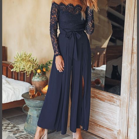 New Navy Lace Off The Shoulder Top With Attached Pants Jumper Size Med. The Romper Or Jumper Has Slits In The Pants To Show Off Your Legs. Super Cute For Wedding Off The Shoulder Jumper, How To Dress For A Wedding, Navy Blue Heels, Slim Jumpsuit, Jumpsuit Navy Blue, Wedding Jumpsuit, Jumpsuit Elegant, Lace Jumpsuit, Blue Jumpsuits