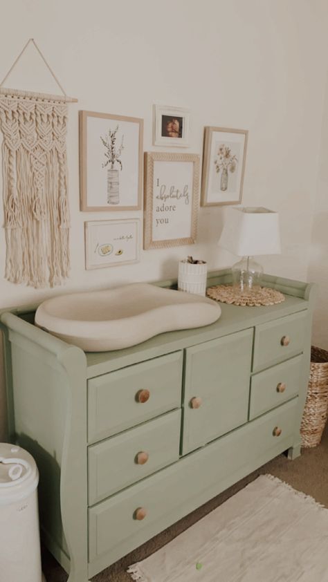 Green Changing Table Dresser, Nursery Art Over Dresser, Nursery Dresser Color Ideas, Green Changing Table Dressers, Sage Green Nursery Dresser, Green Dresser In Nursery, Sage Green Natural Wood Nursery, Nursery Ideas Neutral Sage Green, Green And Natural Nursery