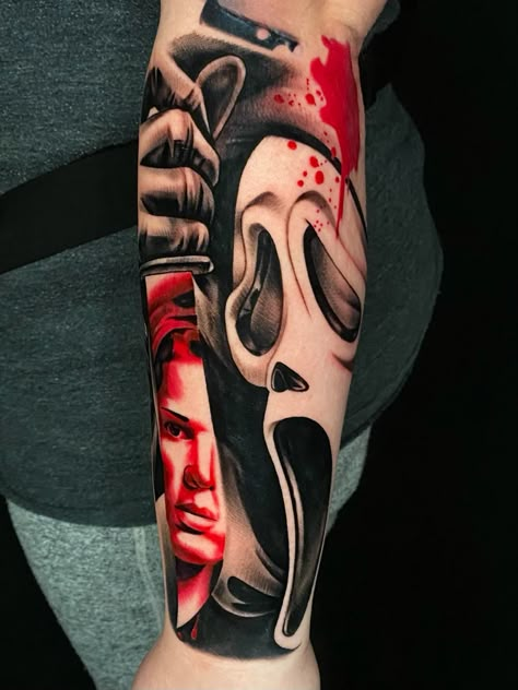 Ghost face portrait tattoo Trash Polka Horror Tattoo, Monster Squad Tattoo, Cool Scary Tattoos, Horror Forearm Tattoo, Scream Tattoo Sleeve, Scream Face Tattoo, Jason Tattoo Design, Scream Tattoo Design, Art The Clown Terrifier Tattoo