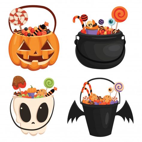 Set of halloween pumpkin bucket filled w... | Premium Vector #Freepik #vector Halloween Art Drawing, Bucket Drawing, Candy Drawing, Dulces Halloween, Happy Halloween Banner, Basket Drawing, Pumpkin Bucket, Pumpkin Illustration, Halloween Baskets