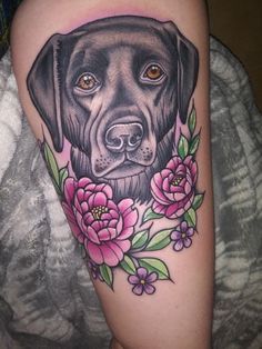 American Traditional Labrador Tattoo, Black Lab Memorial Tattoo, Lab Dog Tattoo, Black Lab Tattoos, Lab Tattoo, Dog Portrait Tattoo, Memorial Tattoo, Lab Dogs, Baby Tattoos