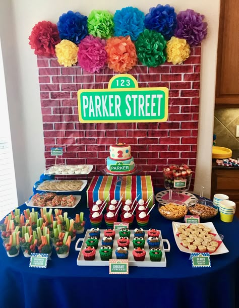 Cheap Elmo Party Ideas, Sesame Street Birthday Party Snacks, Sesame Street Party Foods, Food For Elmo Birthday Party, Sesame Street Birthday Snack Ideas, Sesame Themed Birthday Party, Elmo Treats 1st Birthdays, Easy Sesame Street Decorations, Dollar Tree Sesame Street Birthday