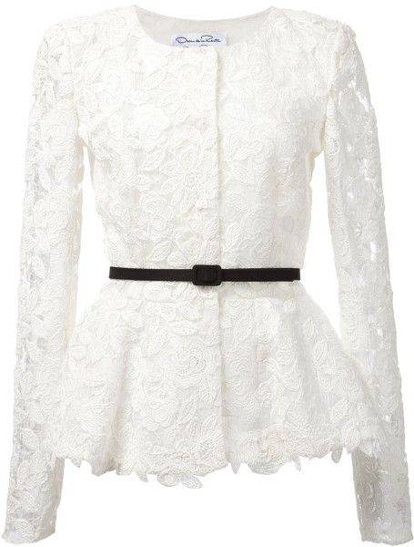 Oscar De La Renta White Lace Blouse SS-2015 #ChicJacket #LACE #DeLaRentaGlam White Lace Blouse Outfit, White Lace Jacket, Tulle Skirts Outfit, Floral Print Jacket, Soiree Dress, Marissa Collections, Peplum Jacket, Lace Peplum, Lace Jacket