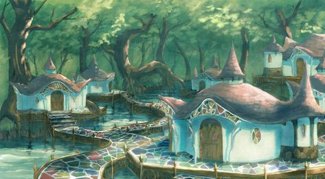 water town, Nozomi T on ArtStation at https://www.artstation.com/artwork/3WbxE Water Village Fantasy Art, Fey Wild, Water Village, Fantasy Village, Fantasy Town, Town Ideas, Water Tribe, Fantasy Stuff, Water Art