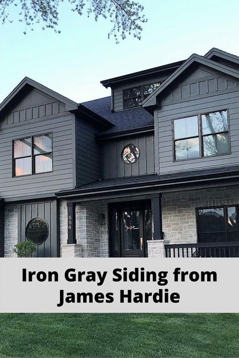 Iron Gray House Exterior, Carbon Color Siding House, Urban Iron Vinyl Siding, James Hardie Iron Gray Siding, Hardie Board Iron Gray, Dark Grey House Exterior Black Trim, Iron Grey House Exterior, Lp Siding Color Combinations, Dark Siding House