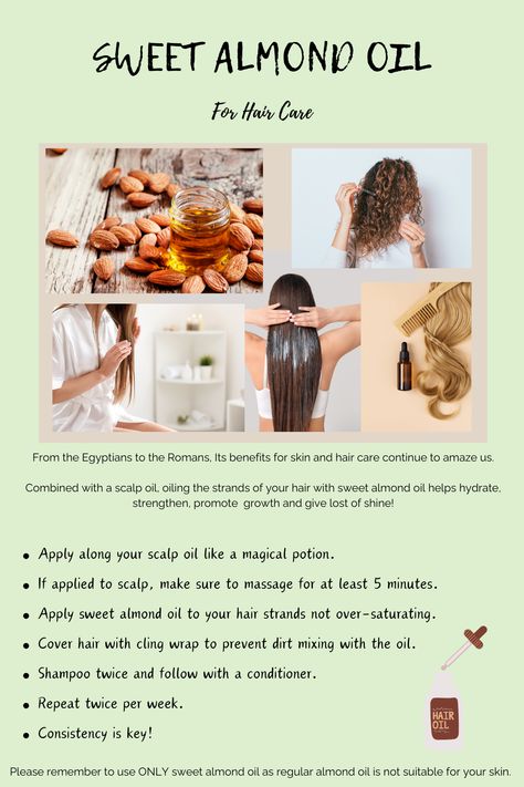 Sweet Almond Oil for Hair growth and hair care. How to use sweet almond oil the right way. Sweet Almond Oil Benefits Hair, Sweet Almond Oil Uses Skin Care, Almond Oil Benefits For Skin, Sweet Almond Oil Benefits, Almond Oil For Hair, Alma Oil, Almond Oil Hair, Almond Oil Uses, Almond Oil Benefits