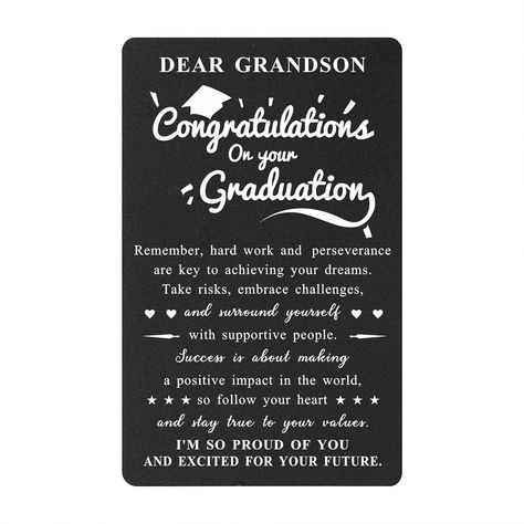 PRICES MAY VARY. Grandson Graduation Card: This graduation card is a one-of-a-kind gift that is customized just for your grandson. The heartfelt message is laser-engraved onto the metal surface of the card, creating a lasting memento that he can treasure forever. Personalized Grandson Graduation Gifts: Made from durable metal, this card is built to last. It will withstand wear and tear, and the engraving will remain sharp and clear over time. 2024 Graduation Gifts for Grandson: The message on th Graduation Gift Ideas, 2024 Graduation, Graduation Card, School College, Graduation Gifts, High School, Gift Ideas, Gifts