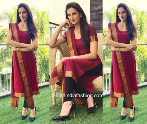 Shilpa Reddy was spotted in a maroon handloom chudidhar suit with copper gold borders. Shilpa Reddy, Silk Kurti Designs, Indian Kurti Designs, Party Life, Churidar Designs, Simple Kurta Designs, Salwar Dress, Simple Kurti Designs, Designer Kurti Patterns