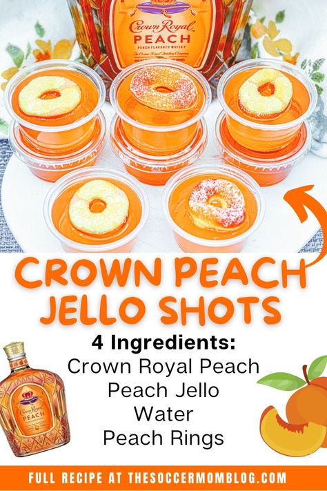 Peach Jello Shots Recipe, Peach Jello Shots, Crown Royal Peach, Jello Shots Recipe, Peach Jello, Peach Drinks, Pudding Shots, Jello Shot Recipes, Jello Shot