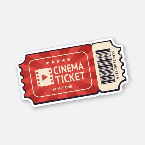 Retro Cinema Ticket, Movie Ticket Sticker, Movie Ticket Illustration, Movie Stickers Film, Movie Stickers Printable, Movie Symbols, Cinema Stickers, Ticket Tattoo, Cinema Illustration