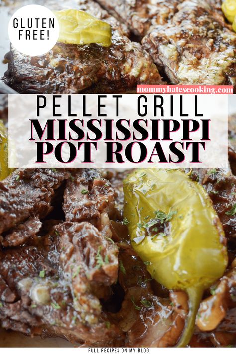 Pellet Grill Smoked Mississippi Pot Roast is a wonderful slow cooked recipe that has all the flavors of gravy, ranch, and pepperoncini peppers! Mississippi Pot Roast Pellet Grill, Mississippi Pot Roast On Smoker, Mississippi Pot Roast Smoker, Smoked Mississippi Pot Roast, Smoked Pot Roast Recipes, Pit Boss Chicken Recipes, Gluten Free Smoker Recipes, Pitt Boss Pellet Grill Recipes, Pitboss Pellet Grill Recipes