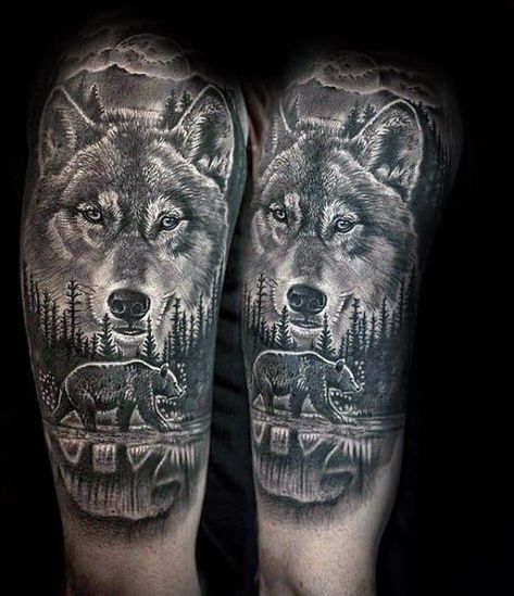 Half Sleeve Sick Wolf With Walking Bear Mens Tattoo Designs Wolf Sleeve, Wolf Tattoo Ideas, Wolf Tattoos Men, Wolf Tattoo Sleeve, Bear Tattoos, Wolf Tattoo Design, Tattoos For Black Skin, Bear Tattoo, Arm Tattoos For Women