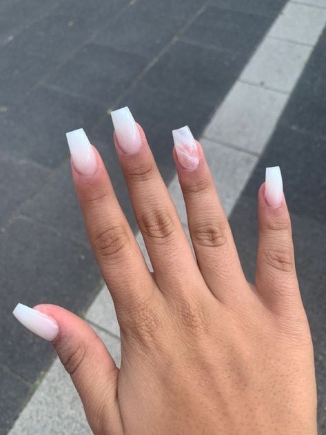 Acrylic White Nails With Design, Milky White Nails Acrylic Glitter, Ombre Nails Milky White, Ballerina Shaped Nails Designs, Milky White Nails With Glitter Ombre, White Nails Mid Length, Milky Nails With Design Short, Milky With Nails, Ombre Milky White Nails