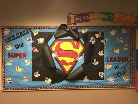 Superhero Bulletin Board / Leader In Me Hero Bulletin Board, Superhero Bulletin Boards, Room Door Ideas, Superhero School, Superhero Classroom Theme, Superhero Classroom, Library Bulletin Boards, Super Hero Theme, Bulletin Board Borders