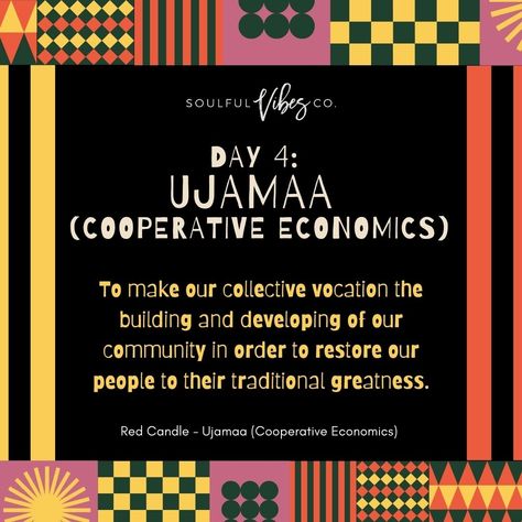 DAY 4️⃣ of Kwanzaa - Ujamaa (Cooperative Economics) The seven candles of Kwanzaa correspond with the seven principles of African heritage, and these candles help keep those ideas ever-present. Each candle features one of the seven principles (Umoja, Kujichagulia, Ujima, Ujamaa, Nia, Kuumba, and Imani) #SHOP @soulfulvibesco 💚 | Click the 🔗 Link In Bio 🔗 to visit the online store! 🛍️⁠ ⁠ #divineguidance #affirmations #affirmation #dailyaffirmations ⁠#kwanzaa #ujamaa Kwanzaa Day 4, Black Spirituality, Kwanzaa Principles, Happy Kwanzaa, Unapologetically Black, African Heritage, Red Candles, Kwanzaa, Black Community